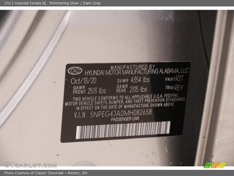 Shimmering Silver / Dark Gray 2021 Hyundai Sonata SE