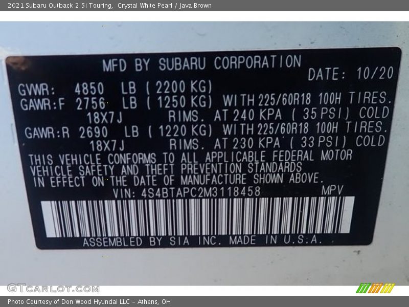 Crystal White Pearl / Java Brown 2021 Subaru Outback 2.5i Touring