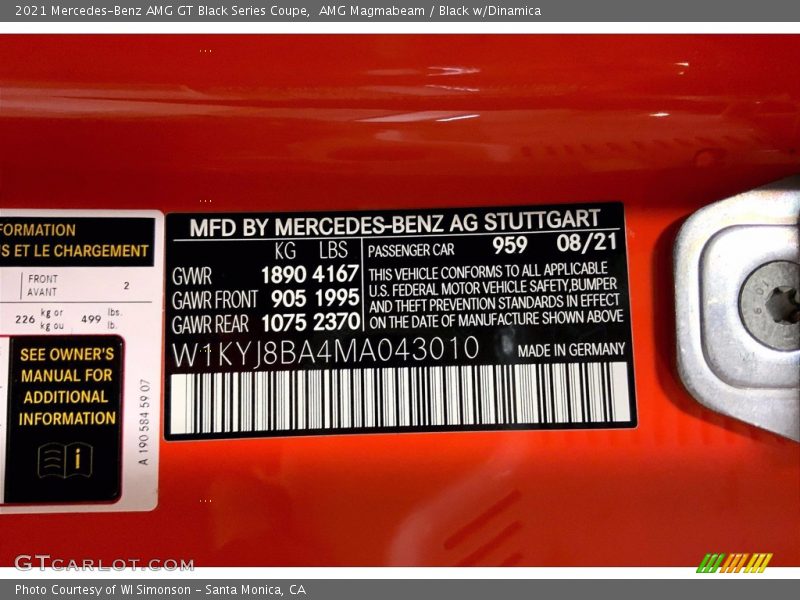 2021 AMG GT Black Series Coupe AMG Magmabeam Color Code 959