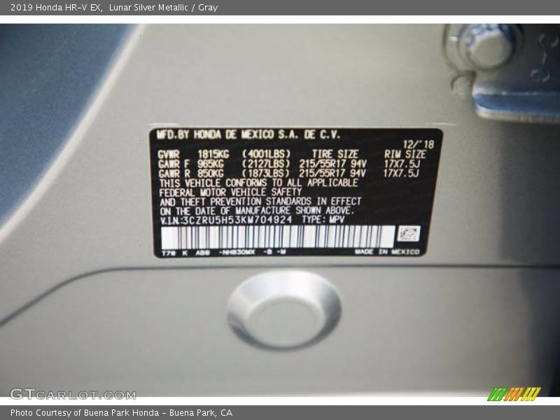 Lunar Silver Metallic / Gray 2019 Honda HR-V EX