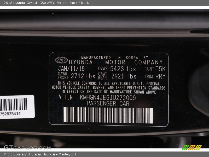Victoria Black / Black 2018 Hyundai Genesis G80 AWD