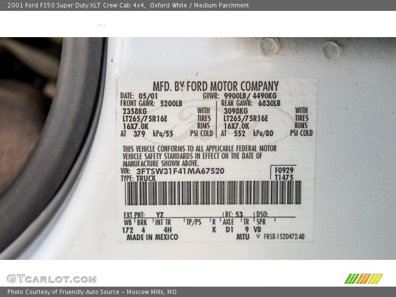 2001 F350 Super Duty XLT Crew Cab 4x4 Oxford White Color Code YZ