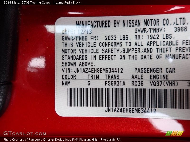 2014 370Z Touring Coupe Magma Red Color Code NAM