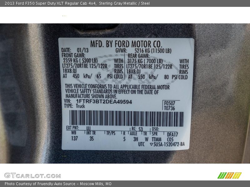 2013 F350 Super Duty XLT Regular Cab 4x4 Sterling Gray Metallic Color Code UJ