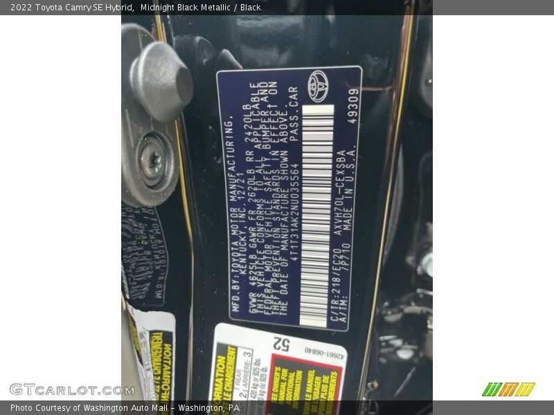 Midnight Black Metallic / Black 2022 Toyota Camry SE Hybrid