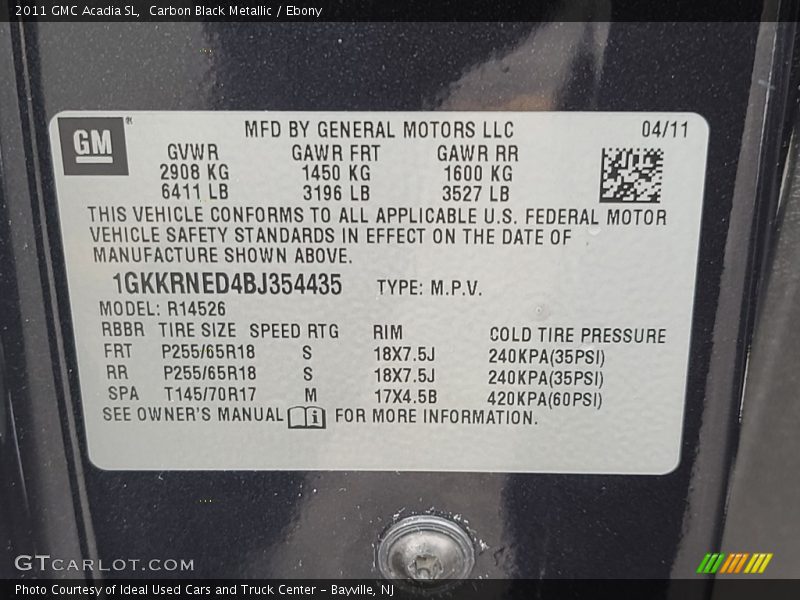 Carbon Black Metallic / Ebony 2011 GMC Acadia SL