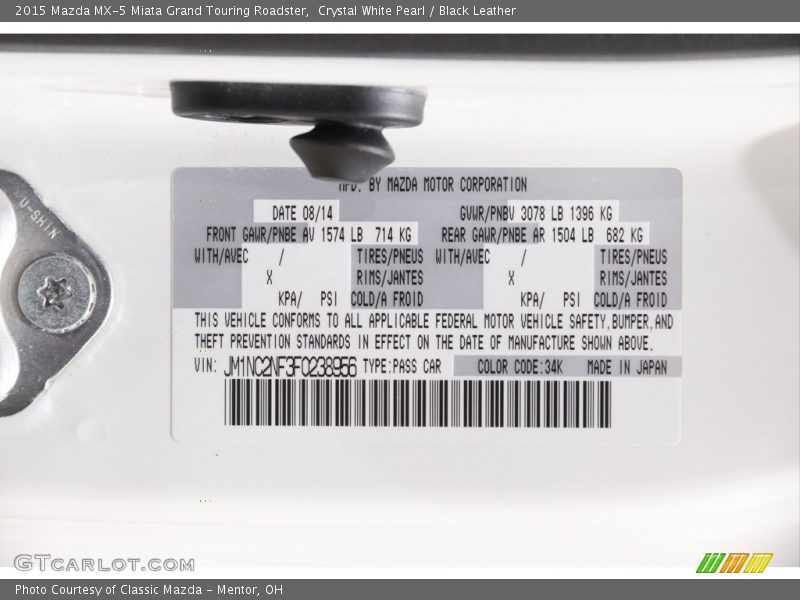 2015 MX-5 Miata Grand Touring Roadster Crystal White Pearl Color Code 34K