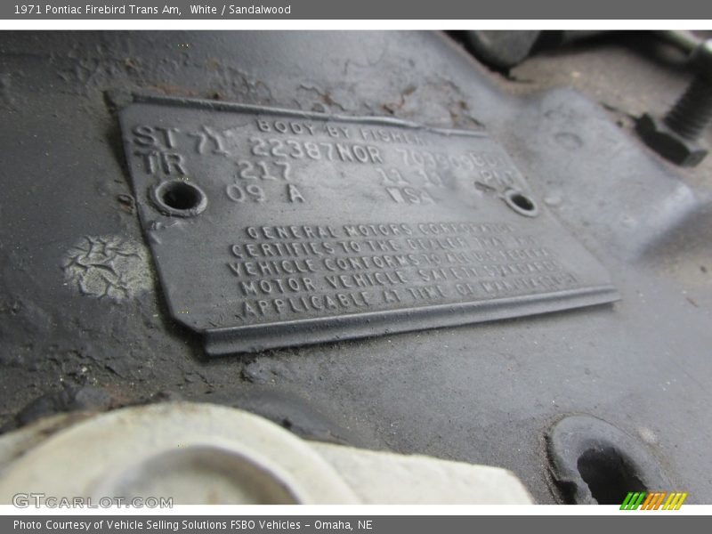 Info Tag of 1971 Firebird Trans Am