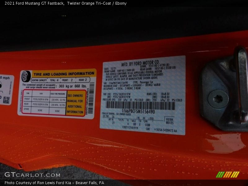 2021 Mustang GT Fastback Twister Orange Tri-Coat Color Code CA