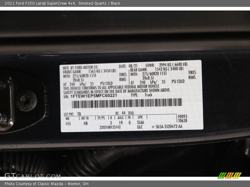 2021 F150 Lariat SuperCrew 4x4 Smoked Quartz Color Code TQ