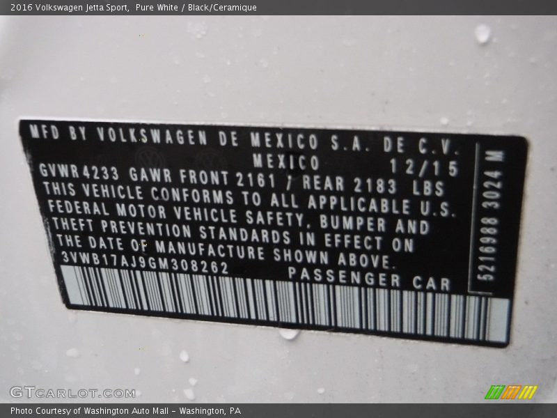 Pure White / Black/Ceramique 2016 Volkswagen Jetta Sport