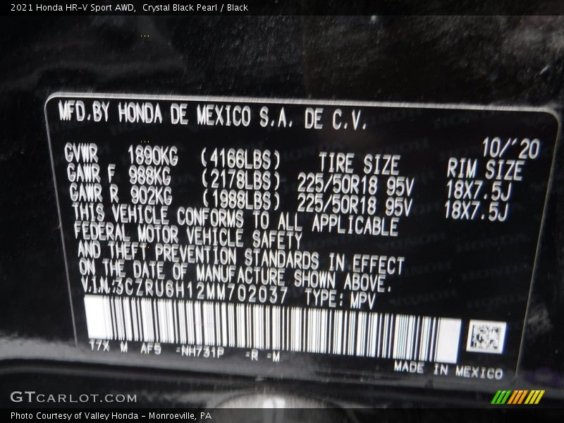 2021 HR-V Sport AWD Crystal Black Pearl Color Code NH731P