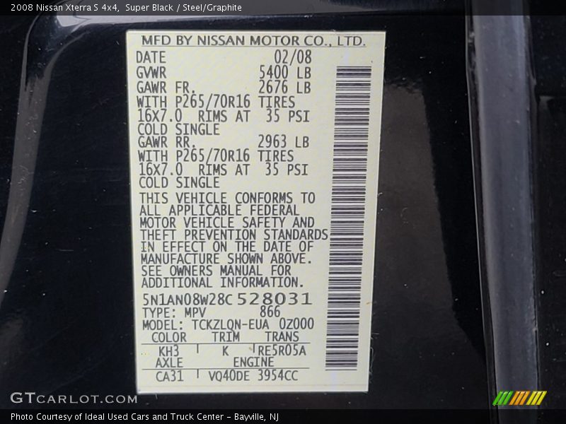 2008 Xterra S 4x4 Super Black Color Code KH3