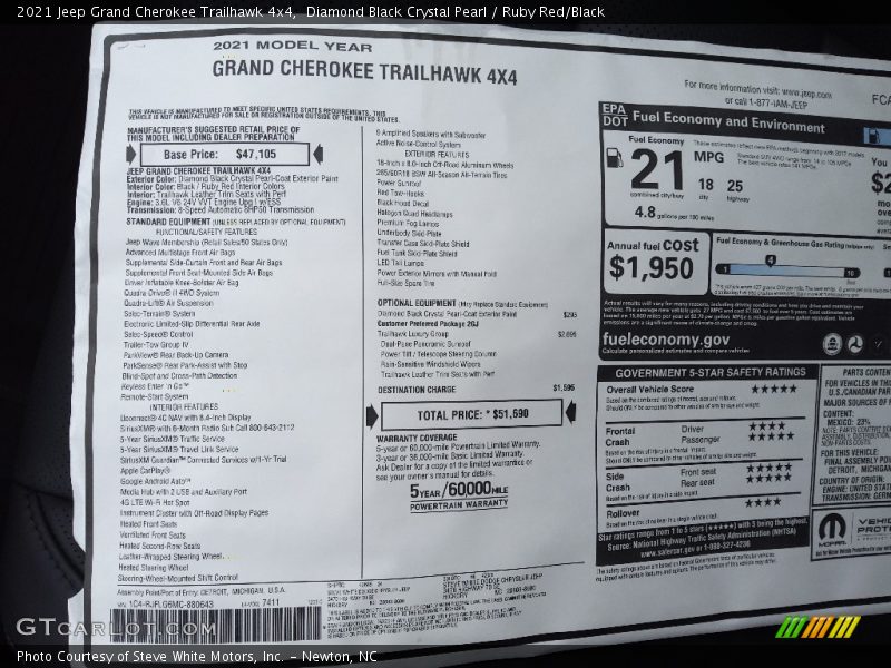  2021 Grand Cherokee Trailhawk 4x4 Window Sticker