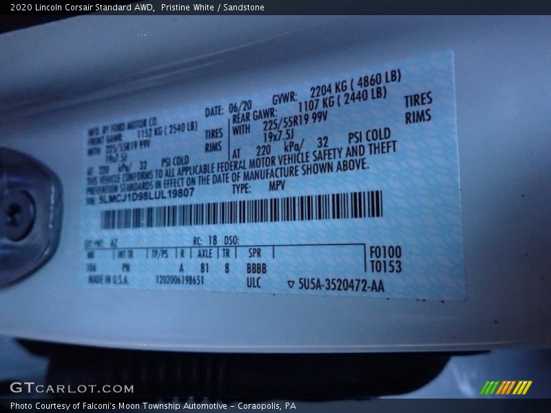 Pristine White / Sandstone 2020 Lincoln Corsair Standard AWD