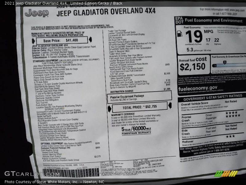  2021 Gladiator Overland 4x4 Window Sticker