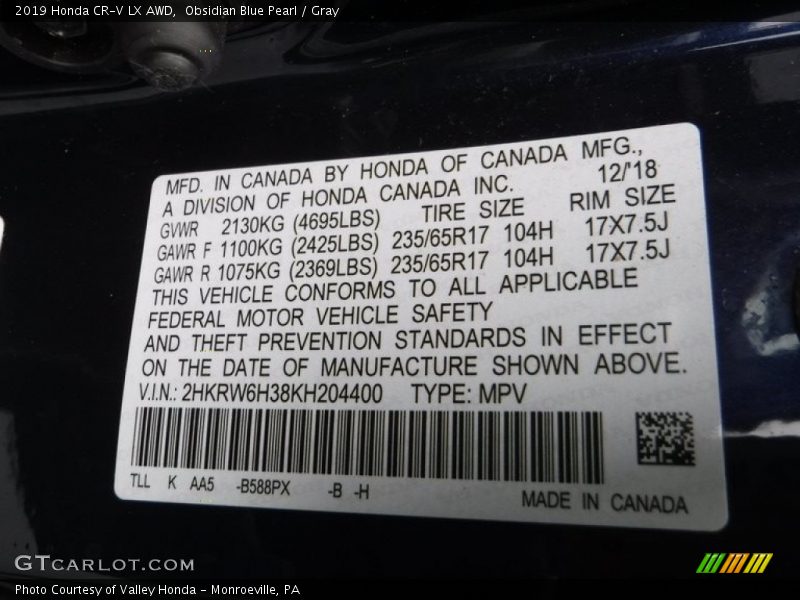Obsidian Blue Pearl / Gray 2019 Honda CR-V LX AWD