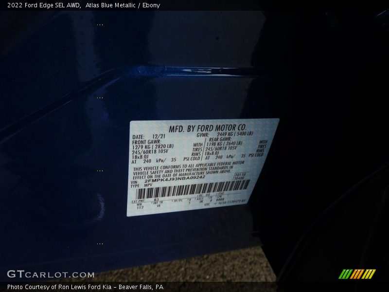 Atlas Blue Metallic / Ebony 2022 Ford Edge SEL AWD