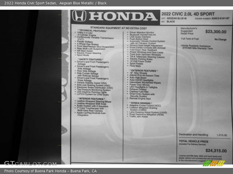 Aegean Blue Metallic / Black 2022 Honda Civic Sport Sedan