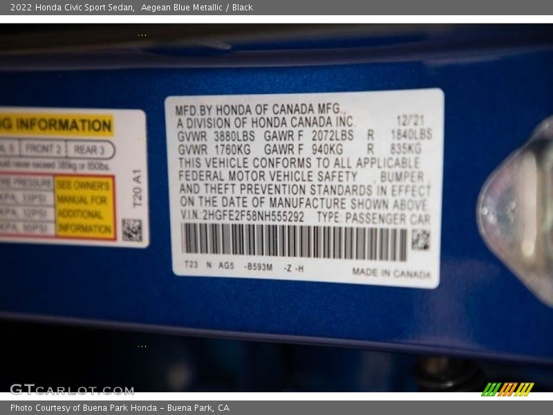 Aegean Blue Metallic / Black 2022 Honda Civic Sport Sedan
