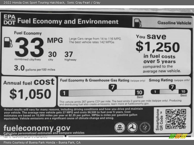 Info Tag of 2022 Civic Sport Touring Hatchback