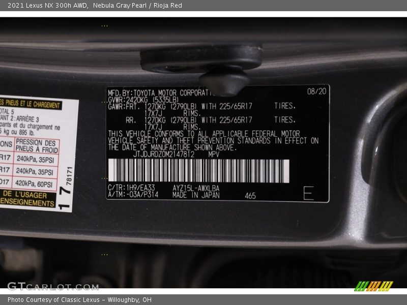 2021 NX 300h AWD Nebula Gray Pearl Color Code 1H9
