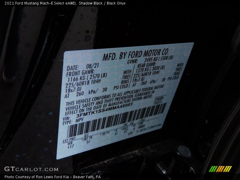 2021 Mustang Mach-E Select eAWD Shadow Black Color Code G1