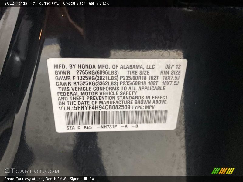 Crystal Black Pearl / Black 2012 Honda Pilot Touring 4WD