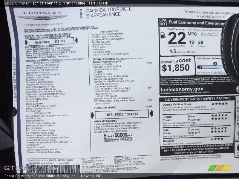  2021 Pacifica Touring L Window Sticker