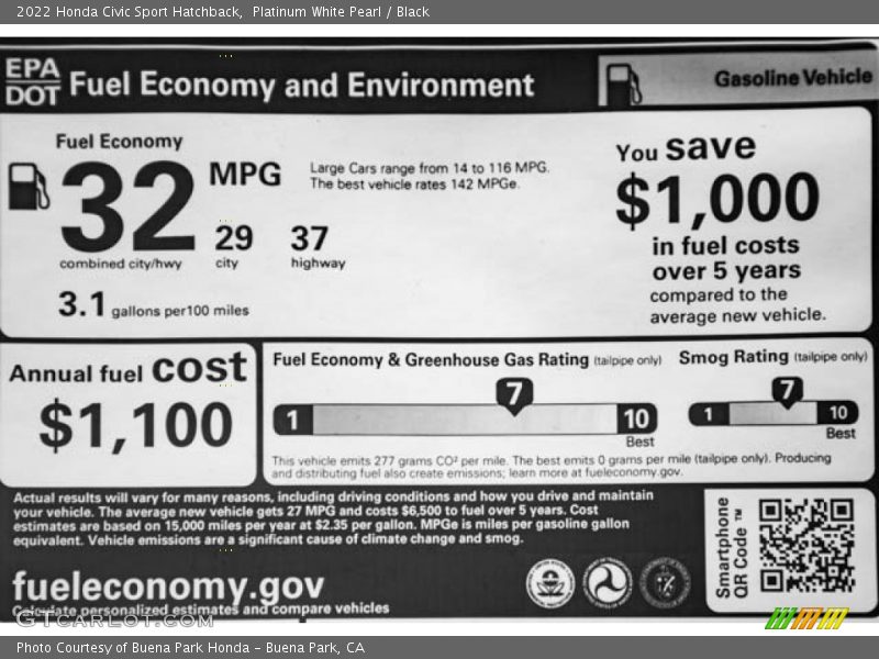 Platinum White Pearl / Black 2022 Honda Civic Sport Hatchback