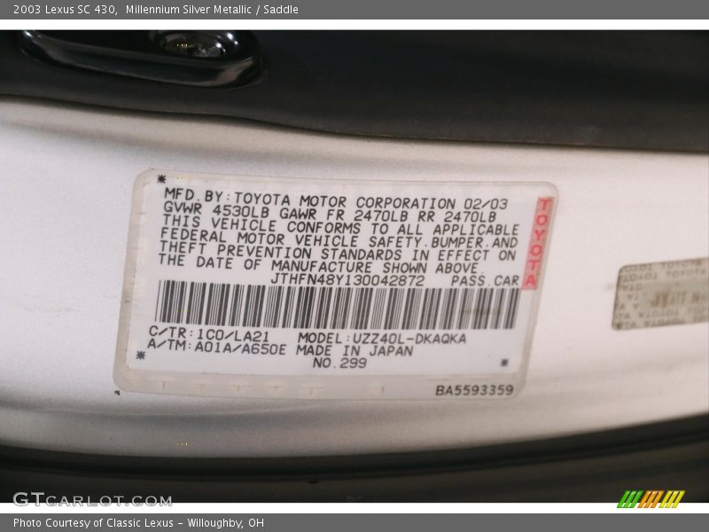 Millennium Silver Metallic / Saddle 2003 Lexus SC 430