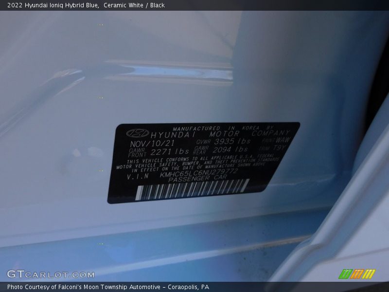 Ceramic White / Black 2022 Hyundai Ioniq Hybrid Blue