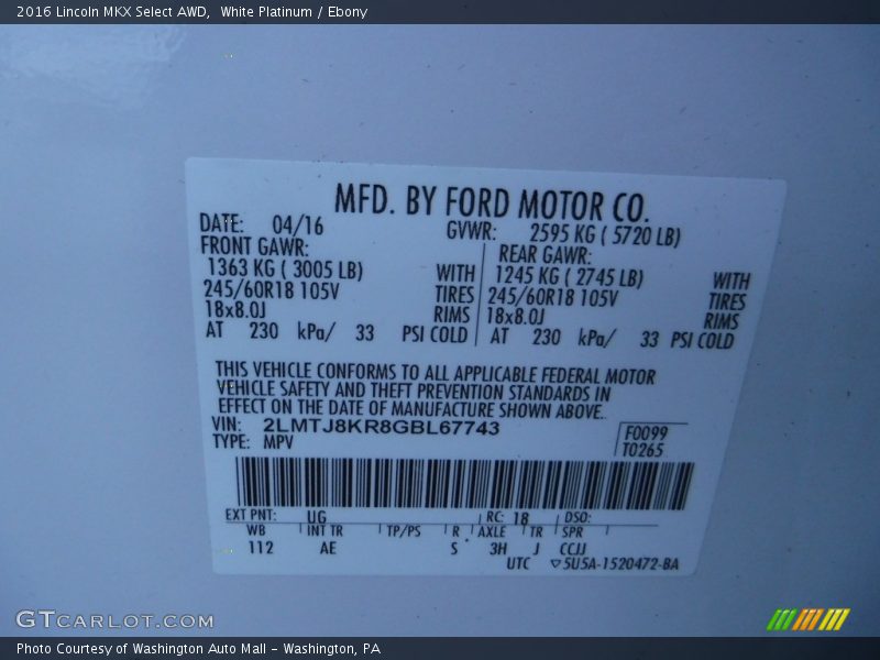 2016 MKX Select AWD White Platinum Color Code UG