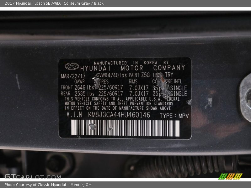 Coliseum Gray / Black 2017 Hyundai Tucson SE AWD