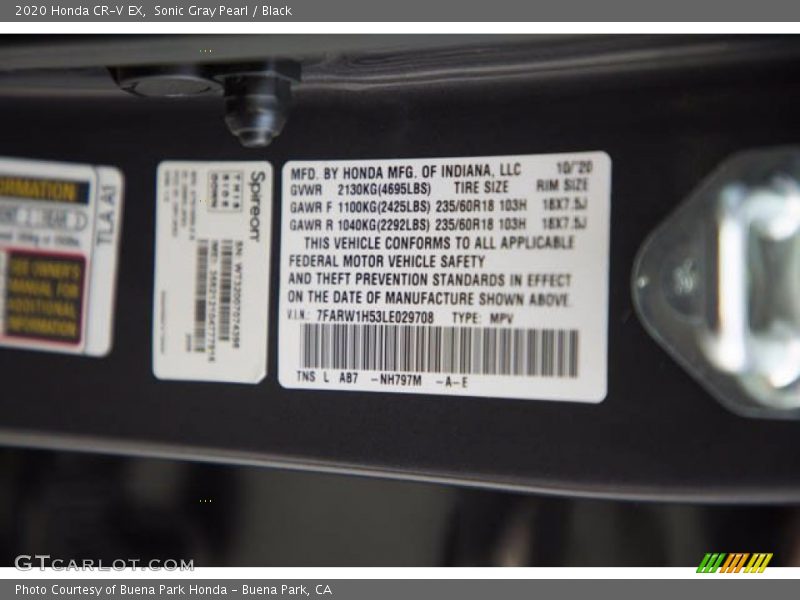 Sonic Gray Pearl / Black 2020 Honda CR-V EX