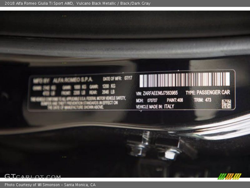 2018 Giulia Ti Sport AWD Vulcano Black Metallic Color Code 408