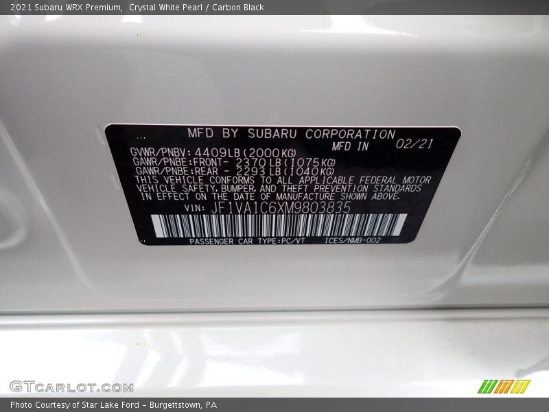 Crystal White Pearl / Carbon Black 2021 Subaru WRX Premium