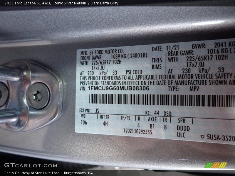 2021 Escape SE 4WD Iconic Silver Metallic Color Code JS