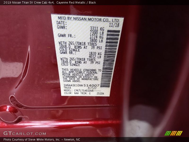 2019 Titan SV Crew Cab 4x4 Cayenne Red Metallic Color Code NAH