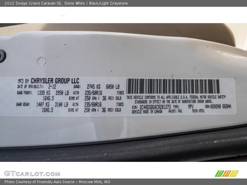 Stone White / Black/Light Graystone 2012 Dodge Grand Caravan SE