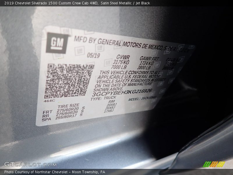 Satin Steel Metallic / Jet Black 2019 Chevrolet Silverado 1500 Custom Crew Cab 4WD