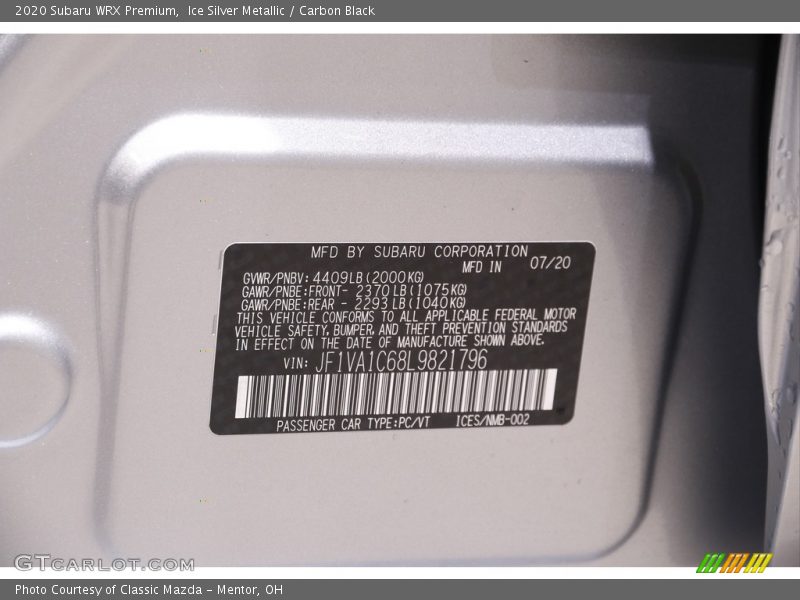 Ice Silver Metallic / Carbon Black 2020 Subaru WRX Premium