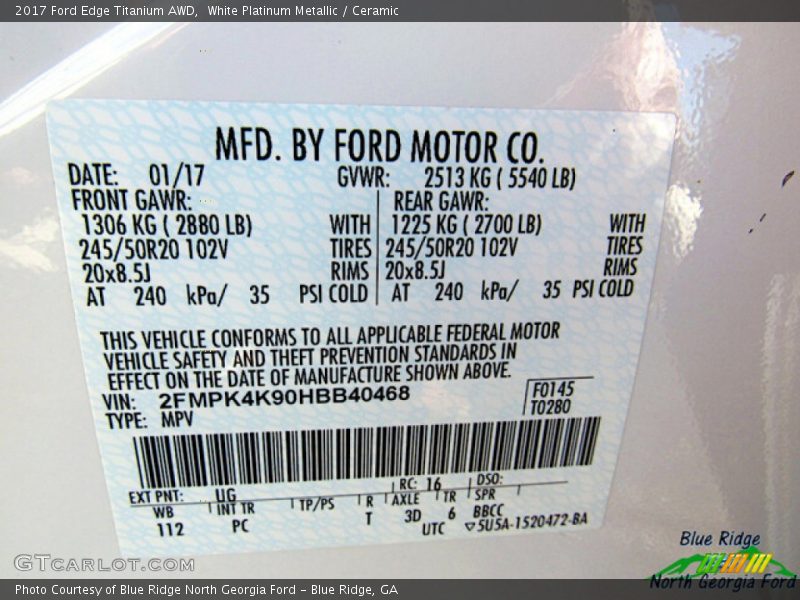 White Platinum Metallic / Ceramic 2017 Ford Edge Titanium AWD