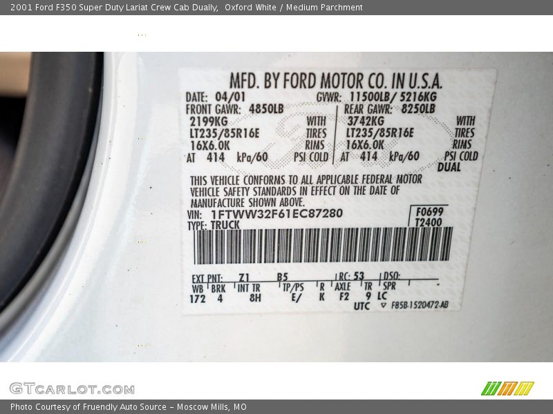 2001 F350 Super Duty Lariat Crew Cab Dually Oxford White Color Code Z1
