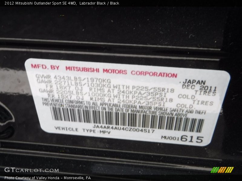 Labrador Black / Black 2012 Mitsubishi Outlander Sport SE 4WD