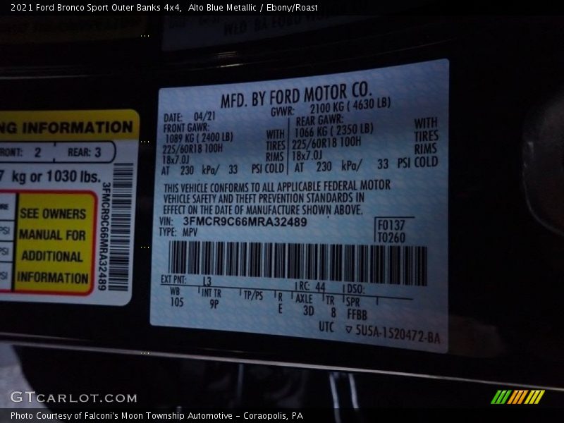 Alto Blue Metallic / Ebony/Roast 2021 Ford Bronco Sport Outer Banks 4x4