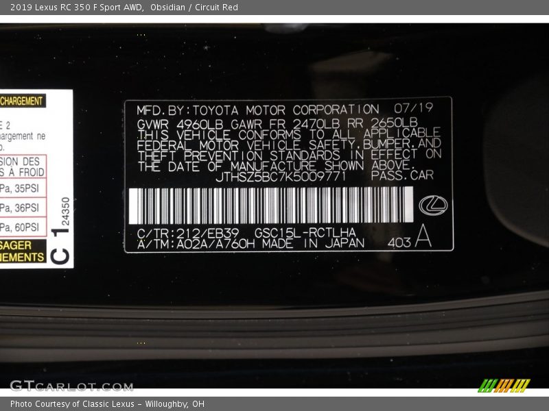 2019 RC 350 F Sport AWD Obsidian Color Code 212