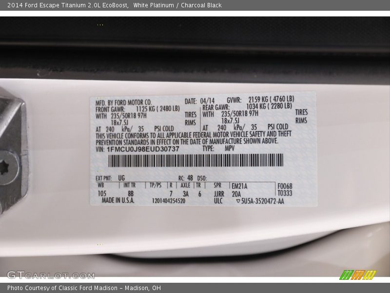 White Platinum / Charcoal Black 2014 Ford Escape Titanium 2.0L EcoBoost