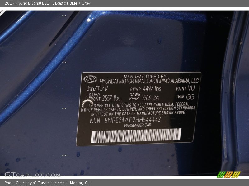 Lakeside Blue / Gray 2017 Hyundai Sonata SE