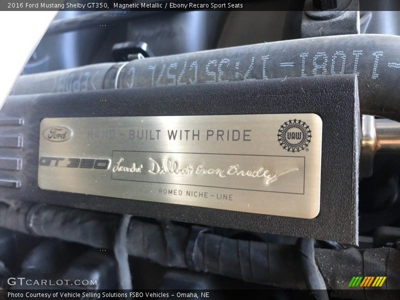 Info Tag of 2016 Mustang Shelby GT350